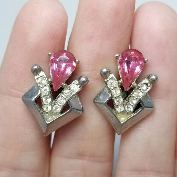 Vintage Pink and Silver Tone Rhinestone Geometric Clip On Screw Back Earrings - Picture 1 of 6